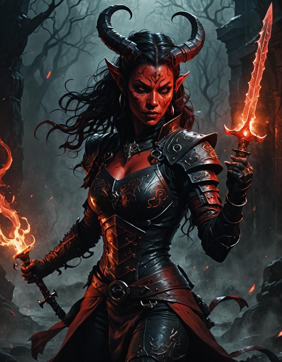 Tiefling Twirling Dagger in Dark Fantasy Illustration