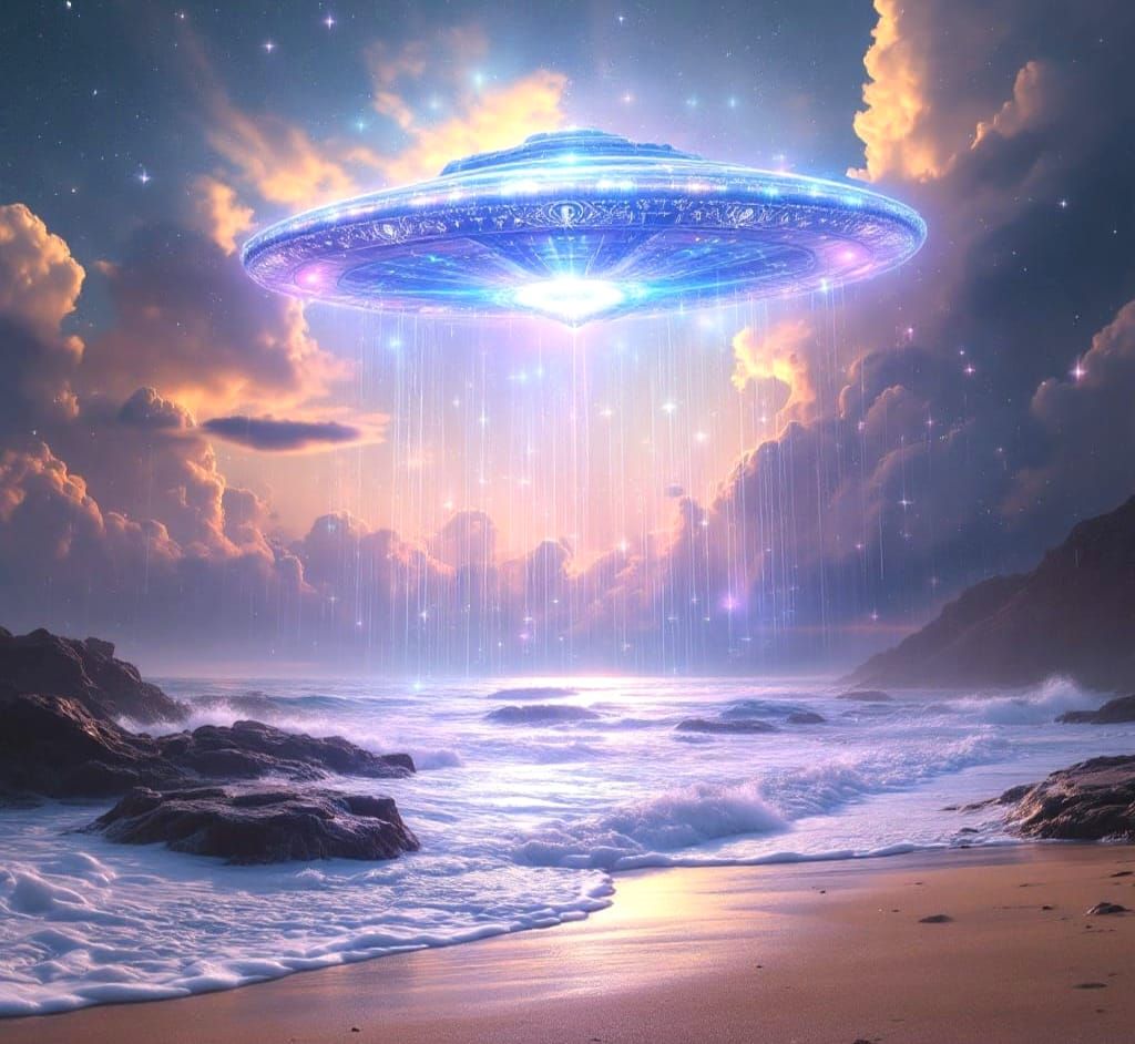 Glowing Spacecraft Descends Upon Serene Beach