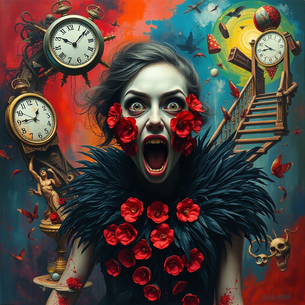 Surreal Nightmare in Vibrant Hues with Melting Clock and Dis...