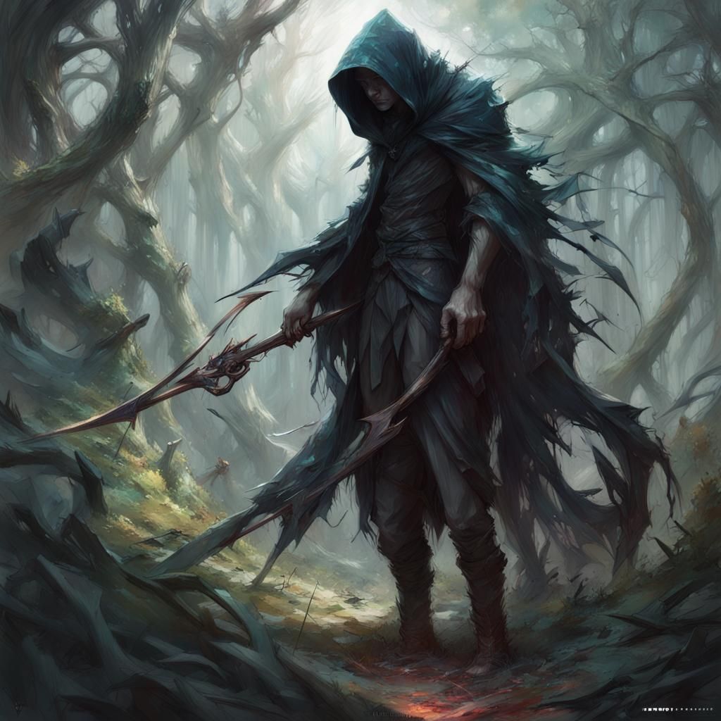 Cloaked Figure with Scythe in Fantasy Forest