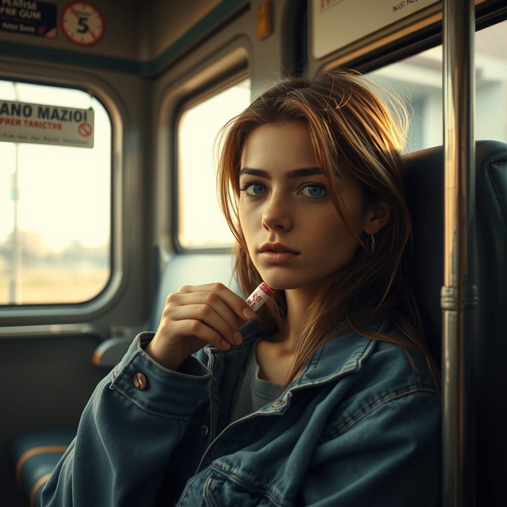 Woman in Train, Hyperrealistic Style