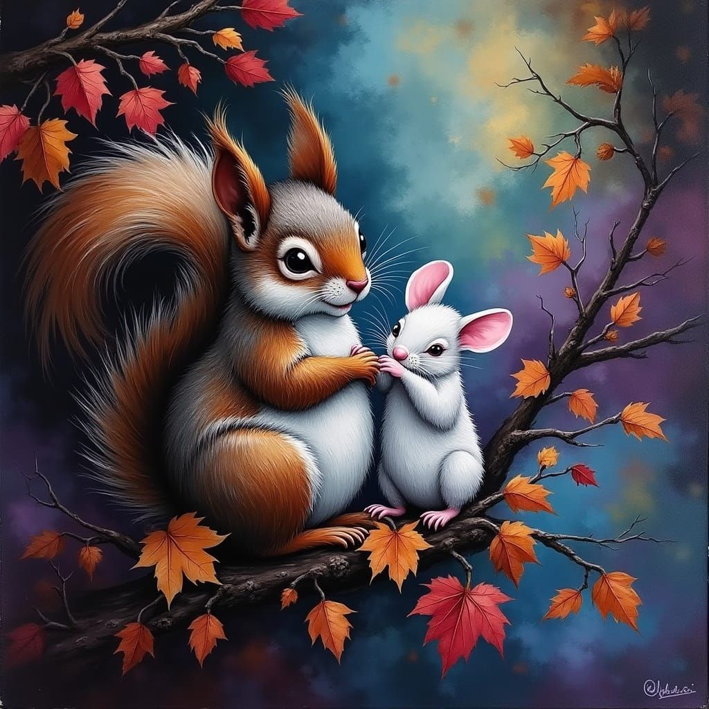 Whimsical Colored Mist Envelops Autumnal Animal Friends in a...