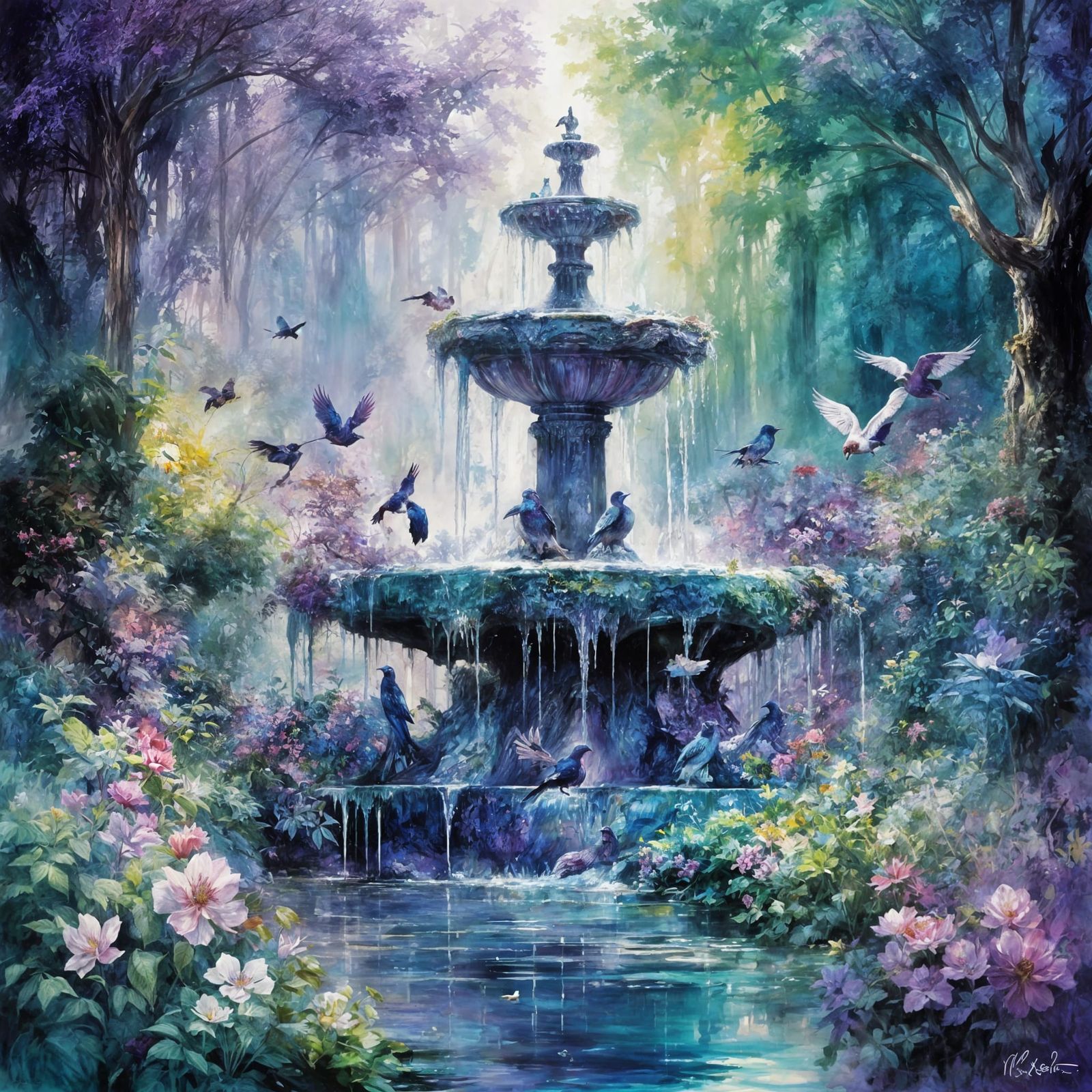 Magical Forest Fountain with Purple Birds