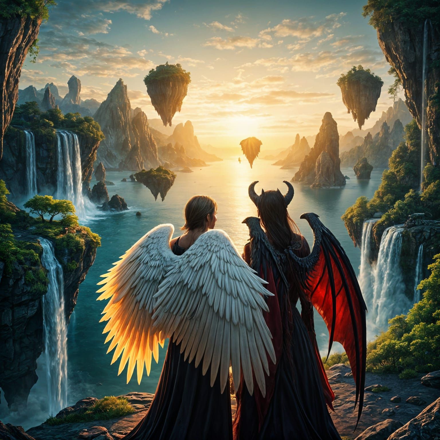 Angel and Demon Duet Over Unreal Landscape
