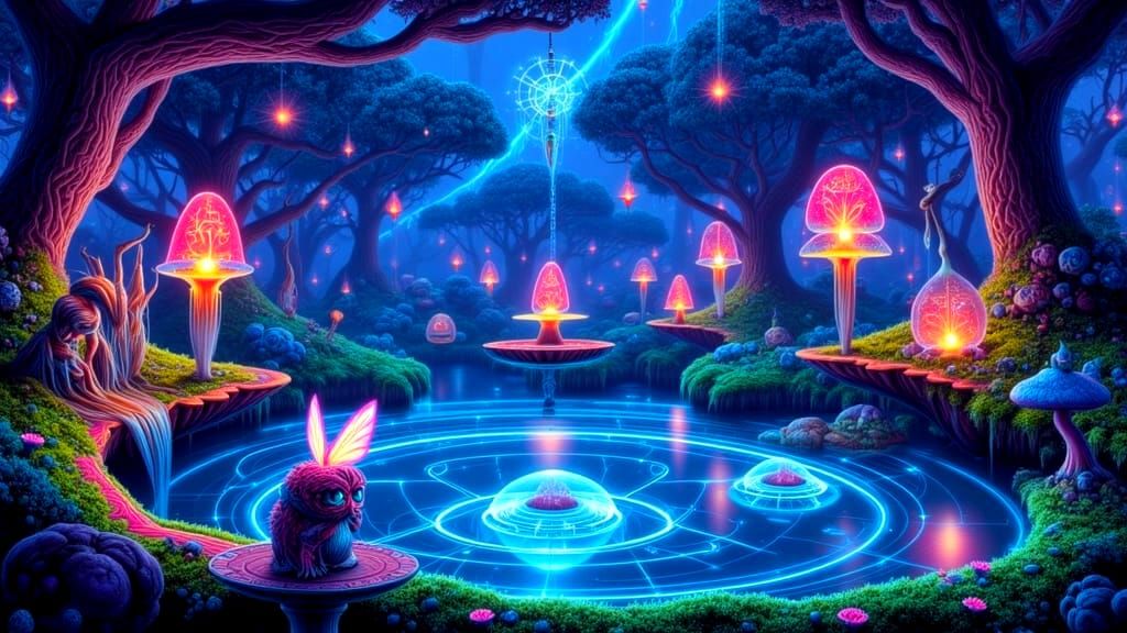 Enchanted Bioluminescent Forest Under Cosmic Twilight Sky