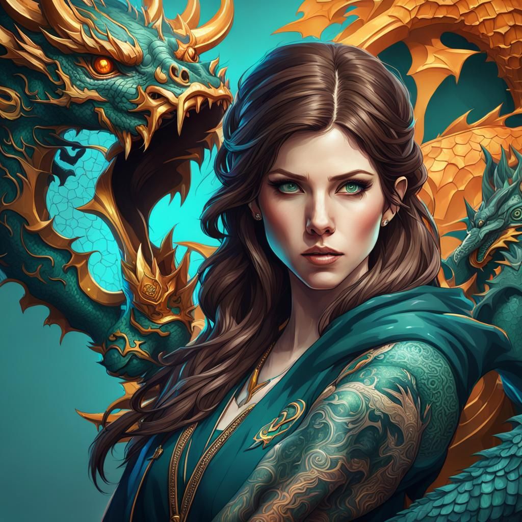 Woman with Dragon Tattoos in Art Nouveau Style