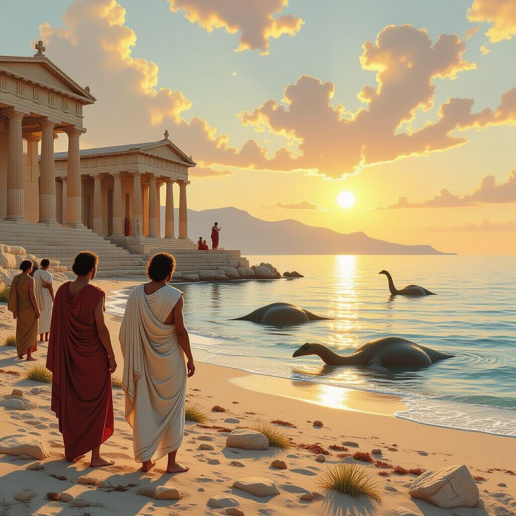 Sauropods in Aegean Sea: Ancient Greece, Serene Landscape