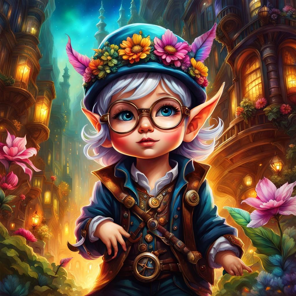Steampunk Baby Elf in Alcohol Ink Splash Art