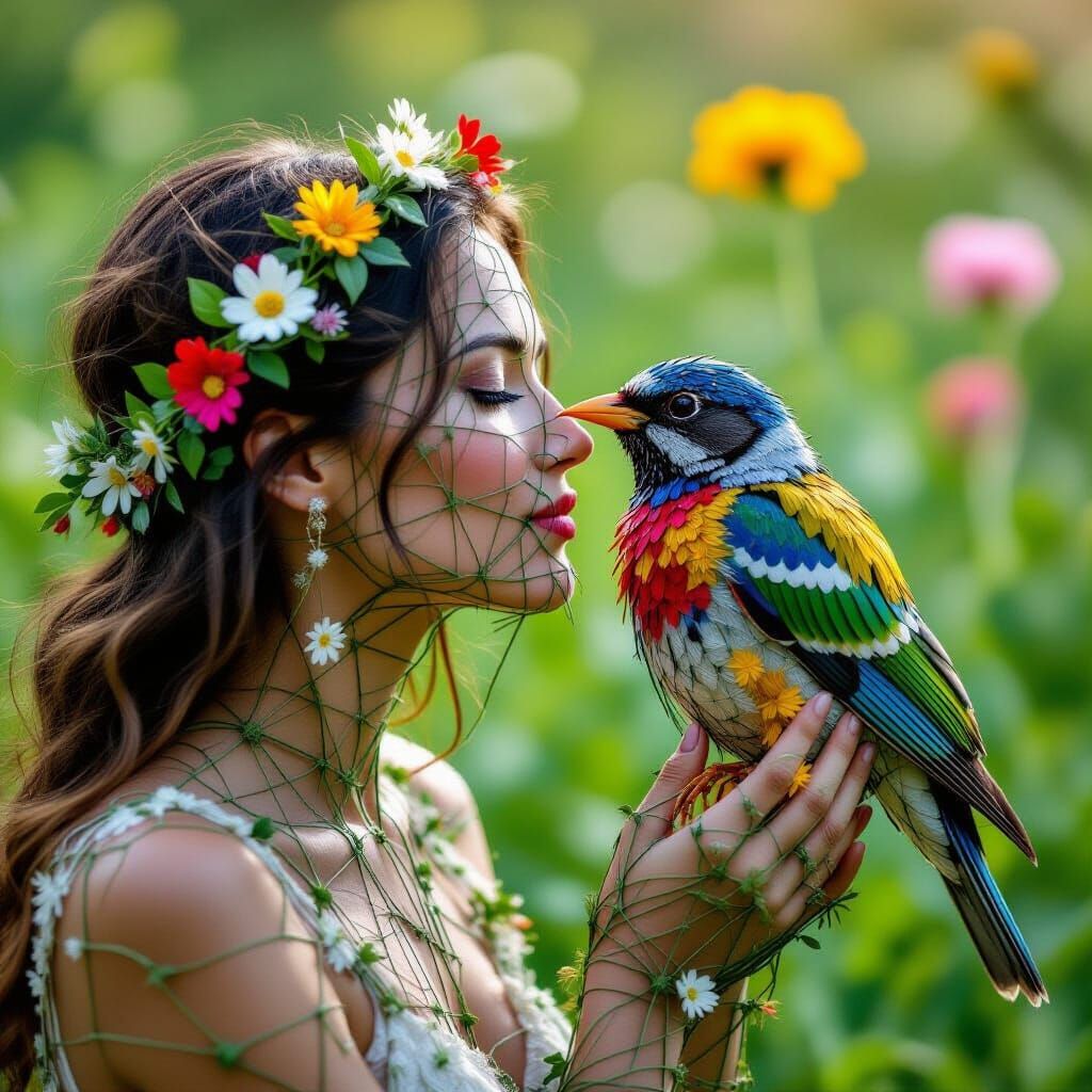 String Woman Kisses Butterfly Bird in Eco-Art
