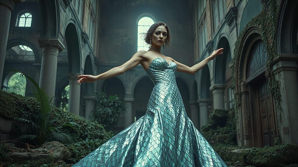 Woman in Iridescent Gown in Jungle Ruins