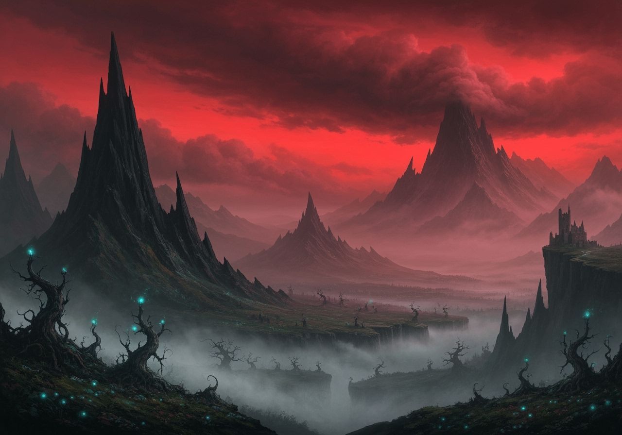 Dark Fantasy Landscape Under Blood Sky