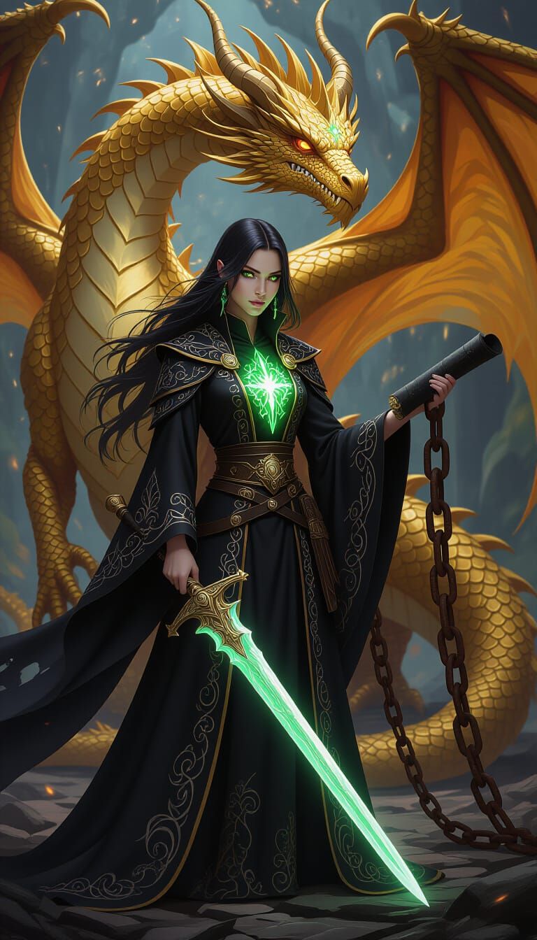 Sorceress and Dragon with Mystical Scroll