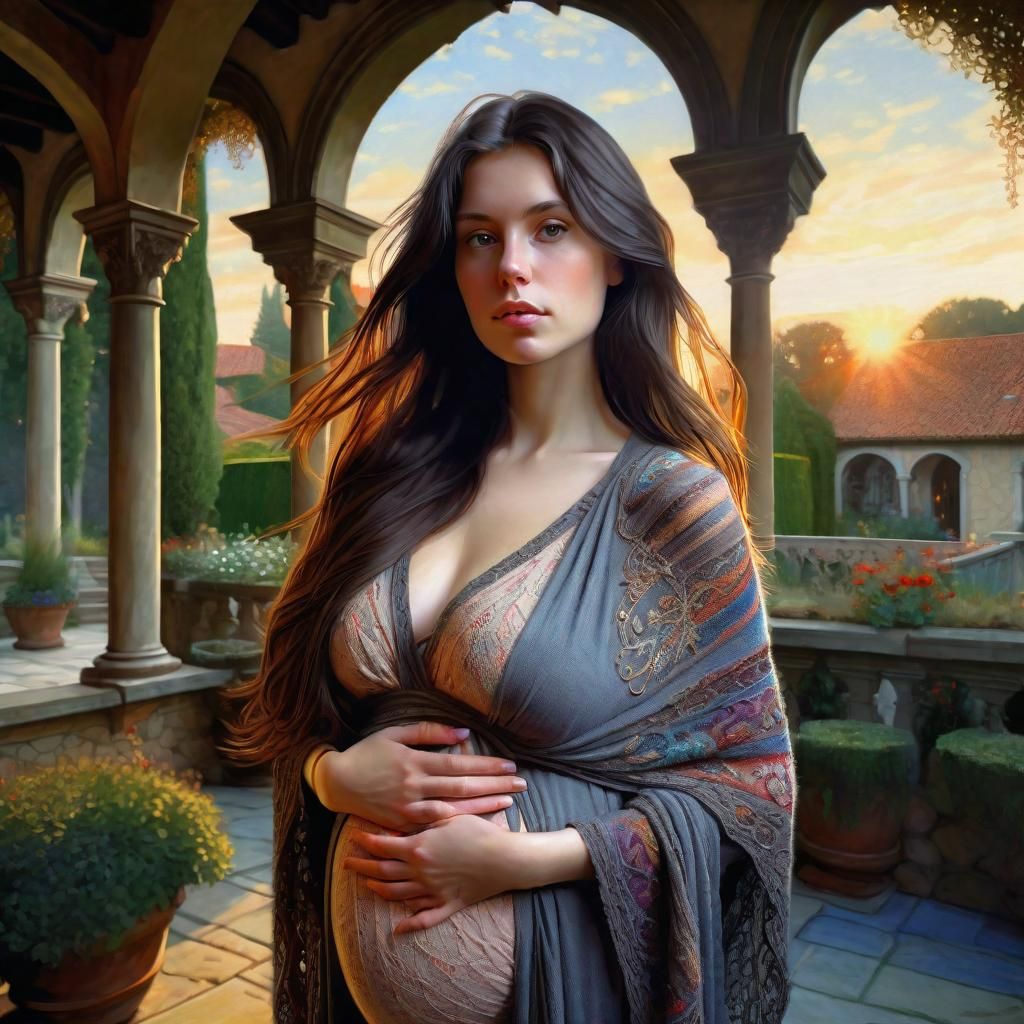 Medieval Portrait of Pregnant Woman in Fantasy Garden