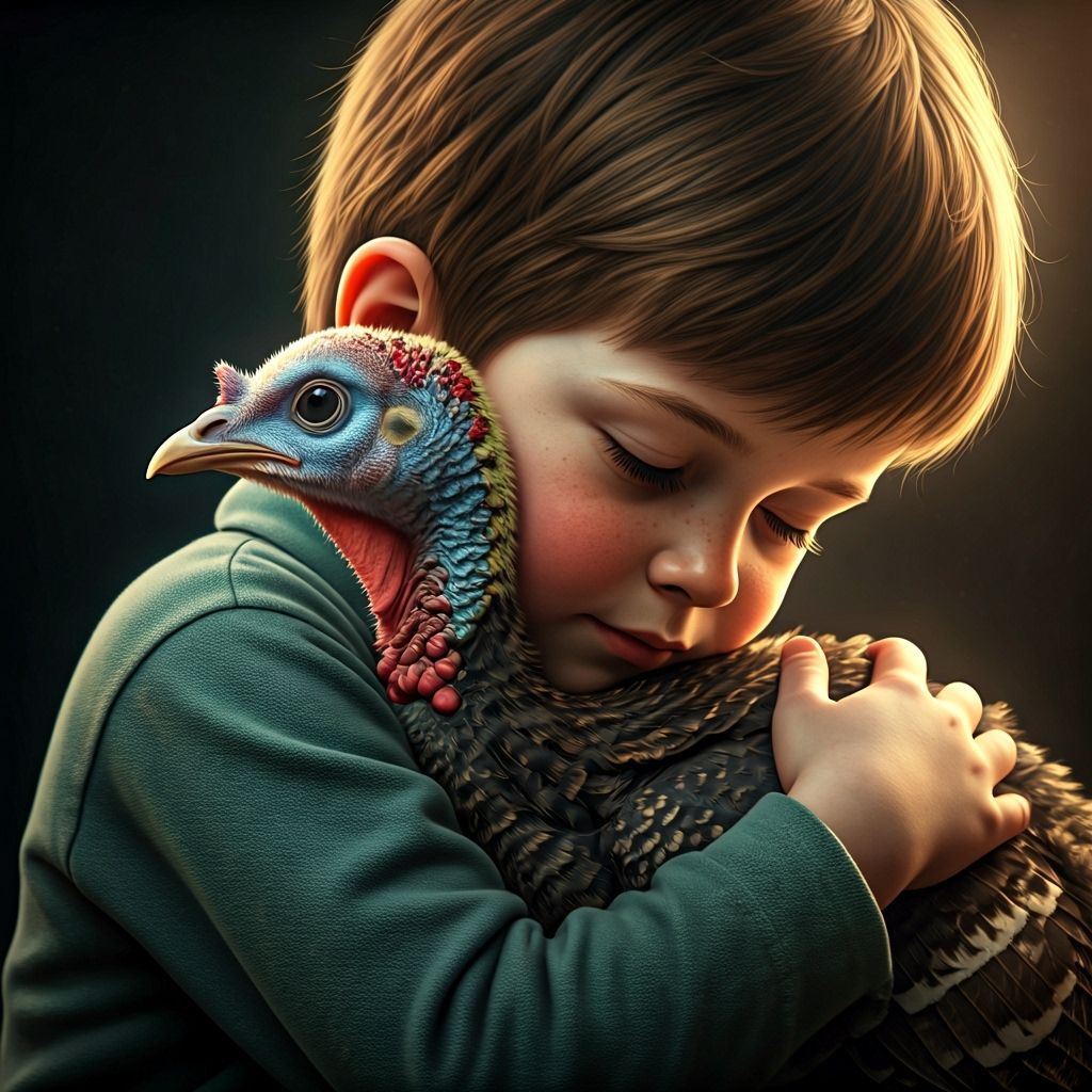 Heartwarming Portrait: Boy Hugs Turkey in Vintage Style