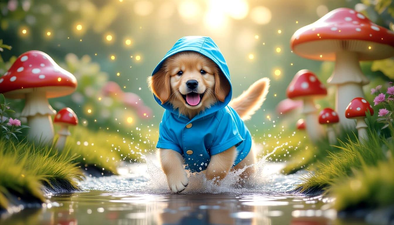 Golden Retriever Puppy's Rainy Day in Watercolor Style