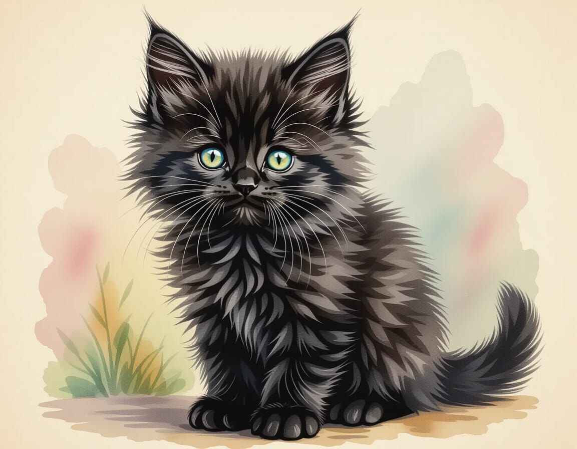 Fluffy Black Kitten Portrait in Watercolor Style