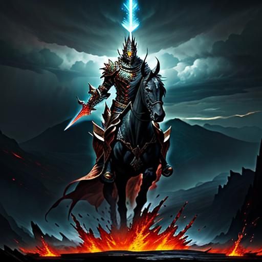 Divine Warrior on Celestial Warhorse in Epic Battle