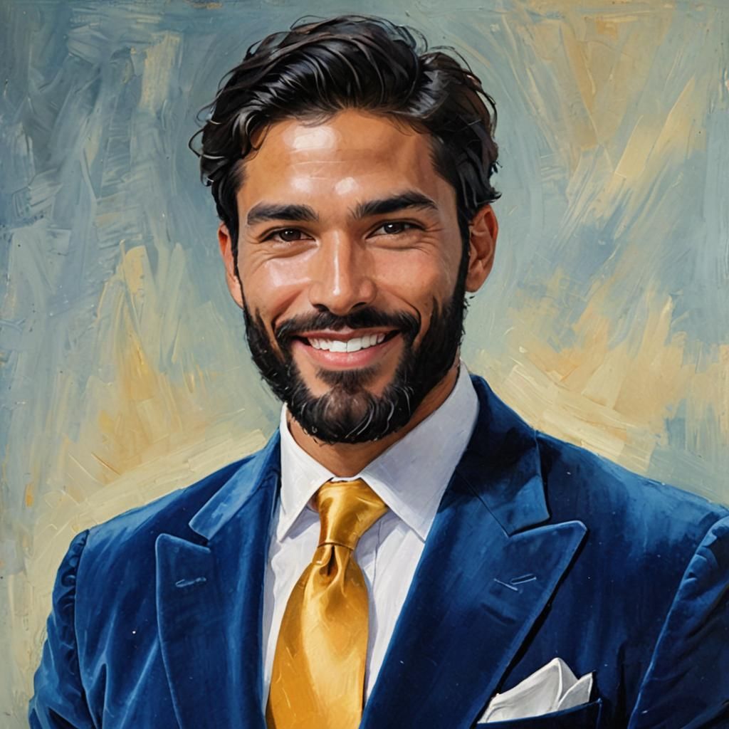 Elegant Man in Blue Velvet Suit with Golden Tie