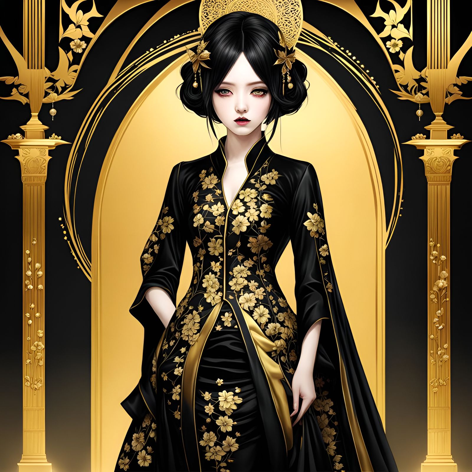 Romantic Goth in Black and Gold Japanese Art