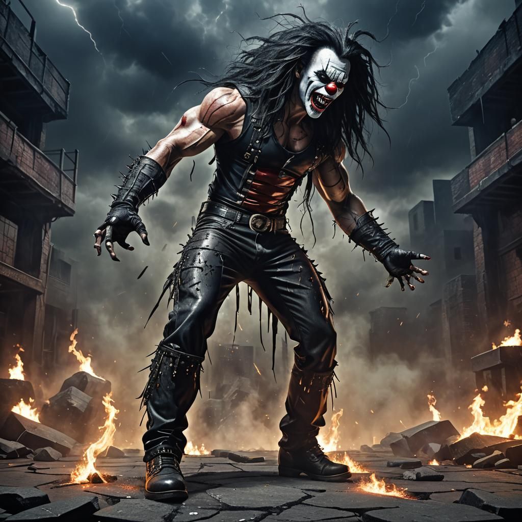 Evil Clown Singer on Hellfire Stage: Detailed Matte Painting