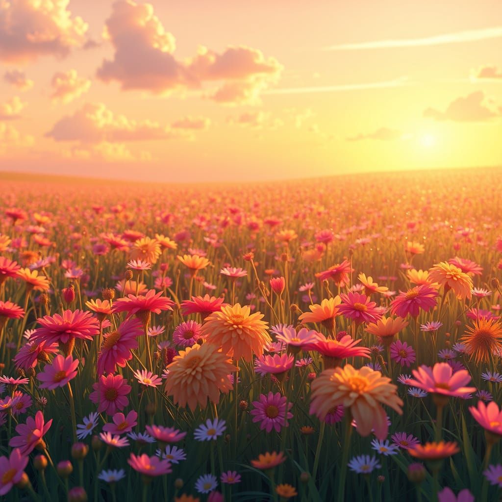 Vibrant Field Radiates Joy in 3D Anime Style