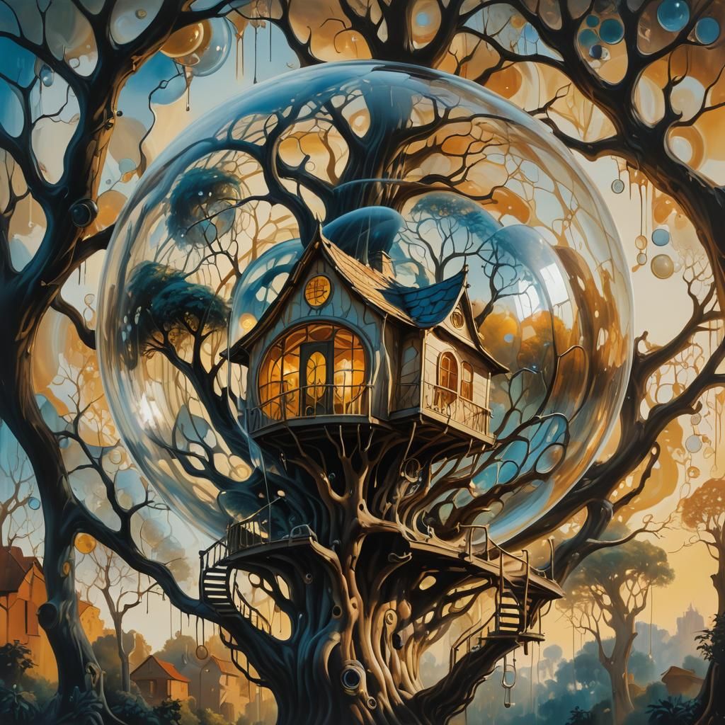 Surreal Bubble Treehouse in Dreamlike Oil Painting