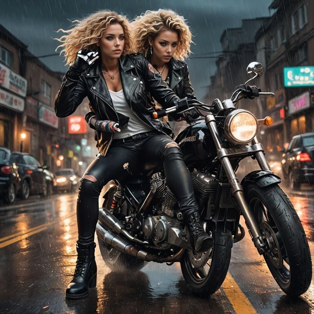 Biopunk Girl on Motorbike in the Rain