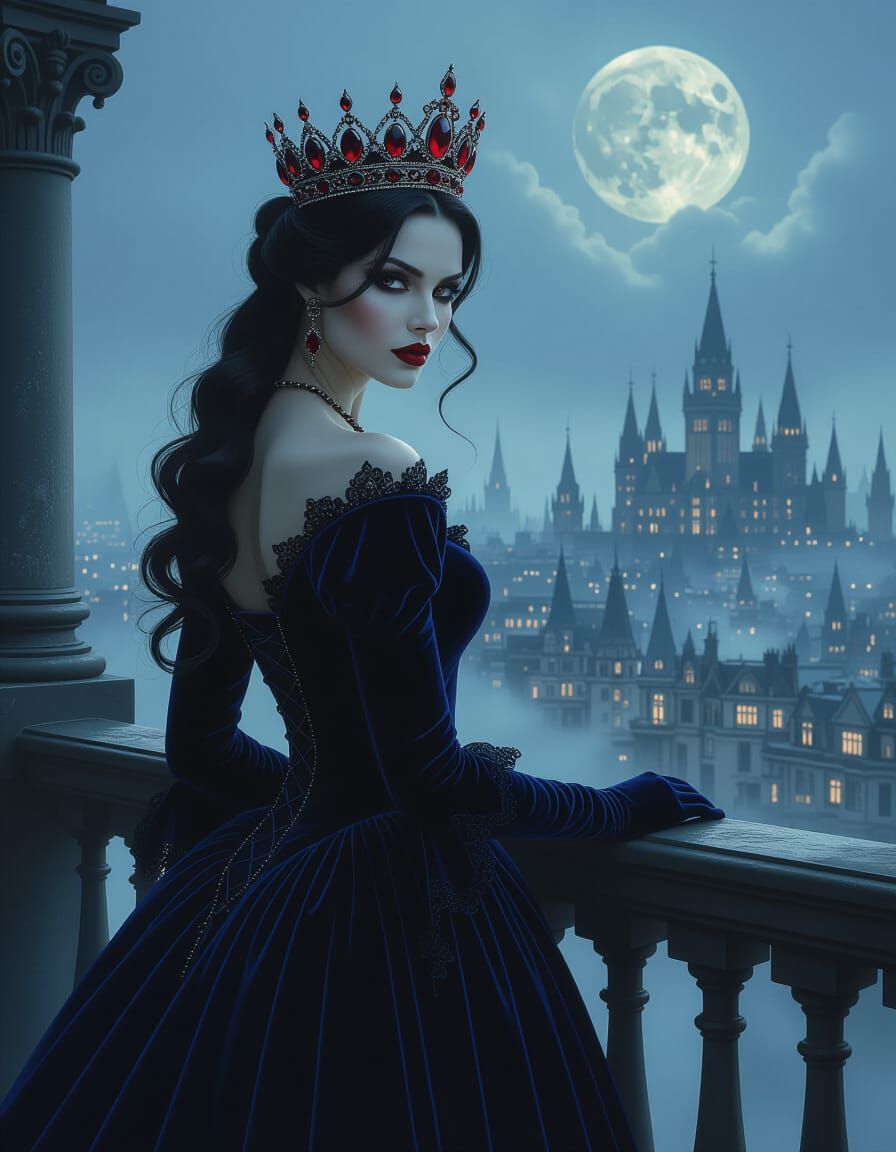 Vampire Queen on Balcony Overlooking Foggy Victorian City