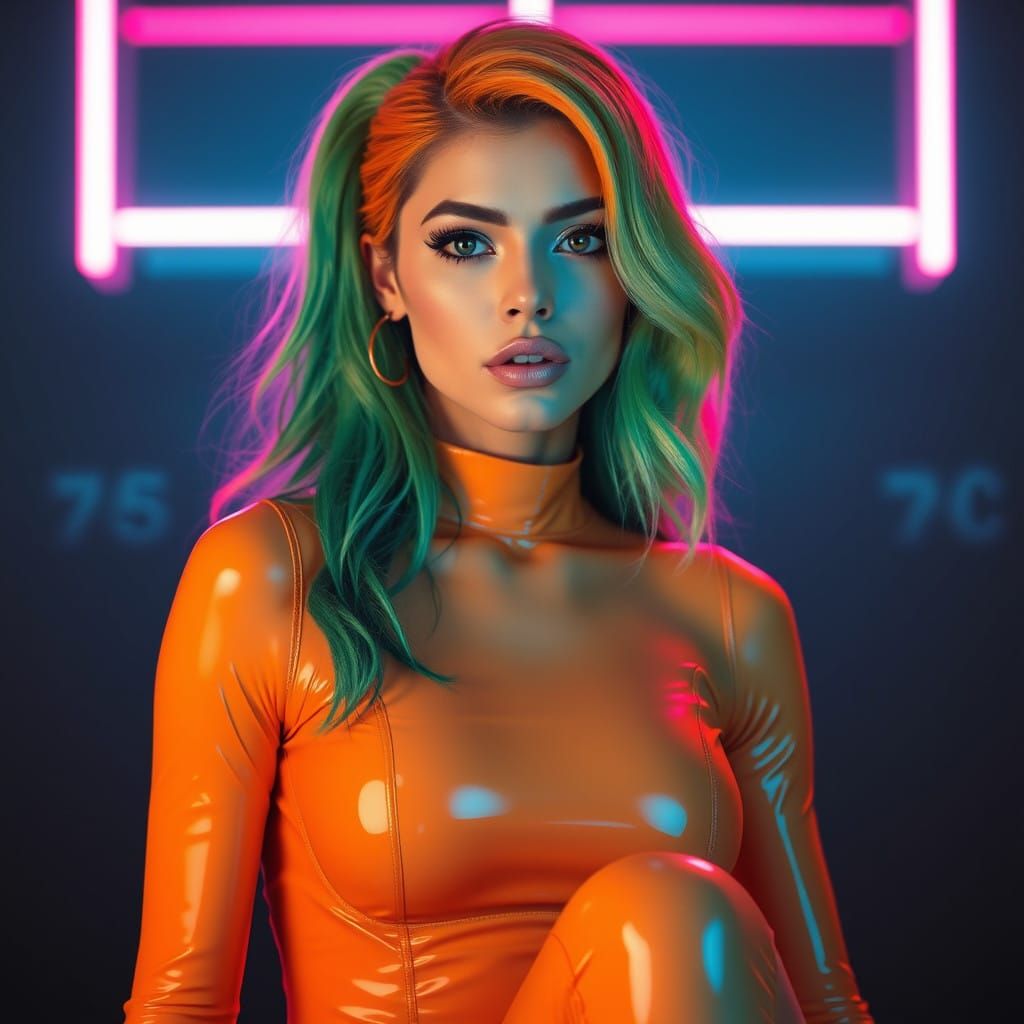 Neon Goddess in Hyperrealistic Orange Hues