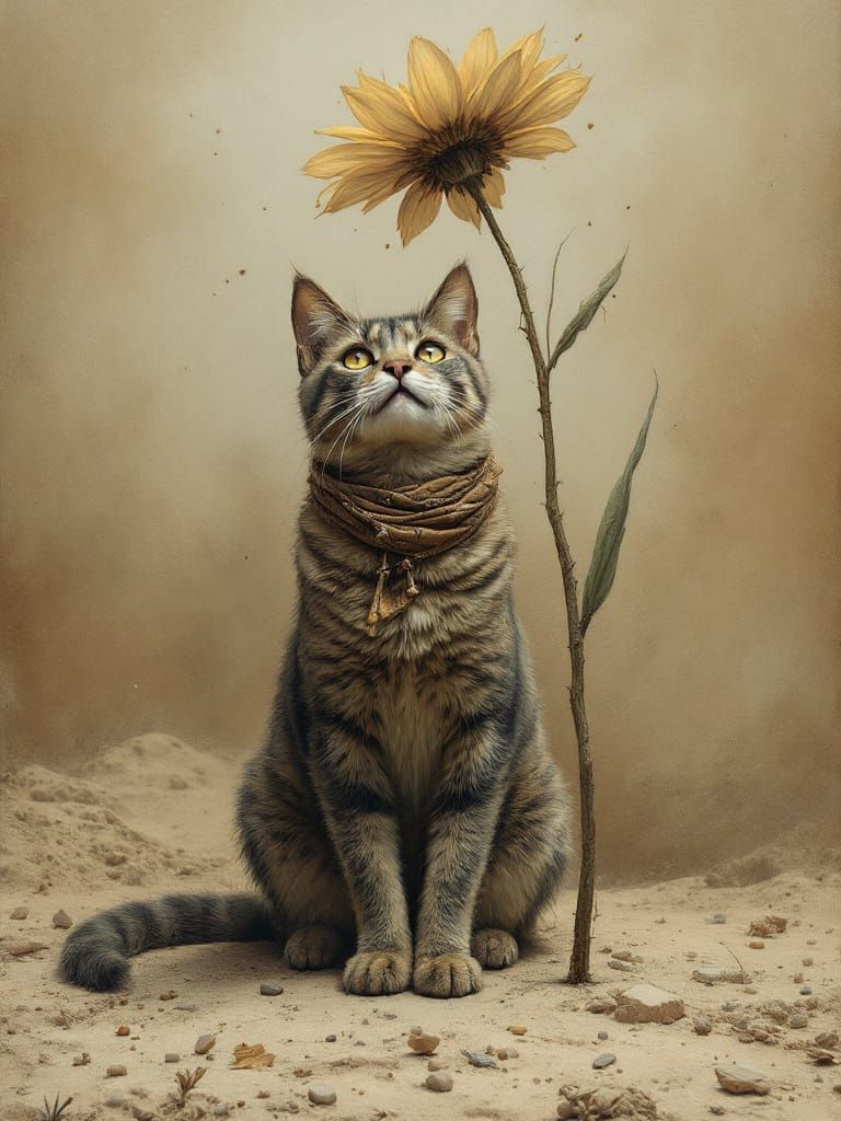 Cat and Sunflower in Desolate Landscape, Wyeth & Beksiński S...