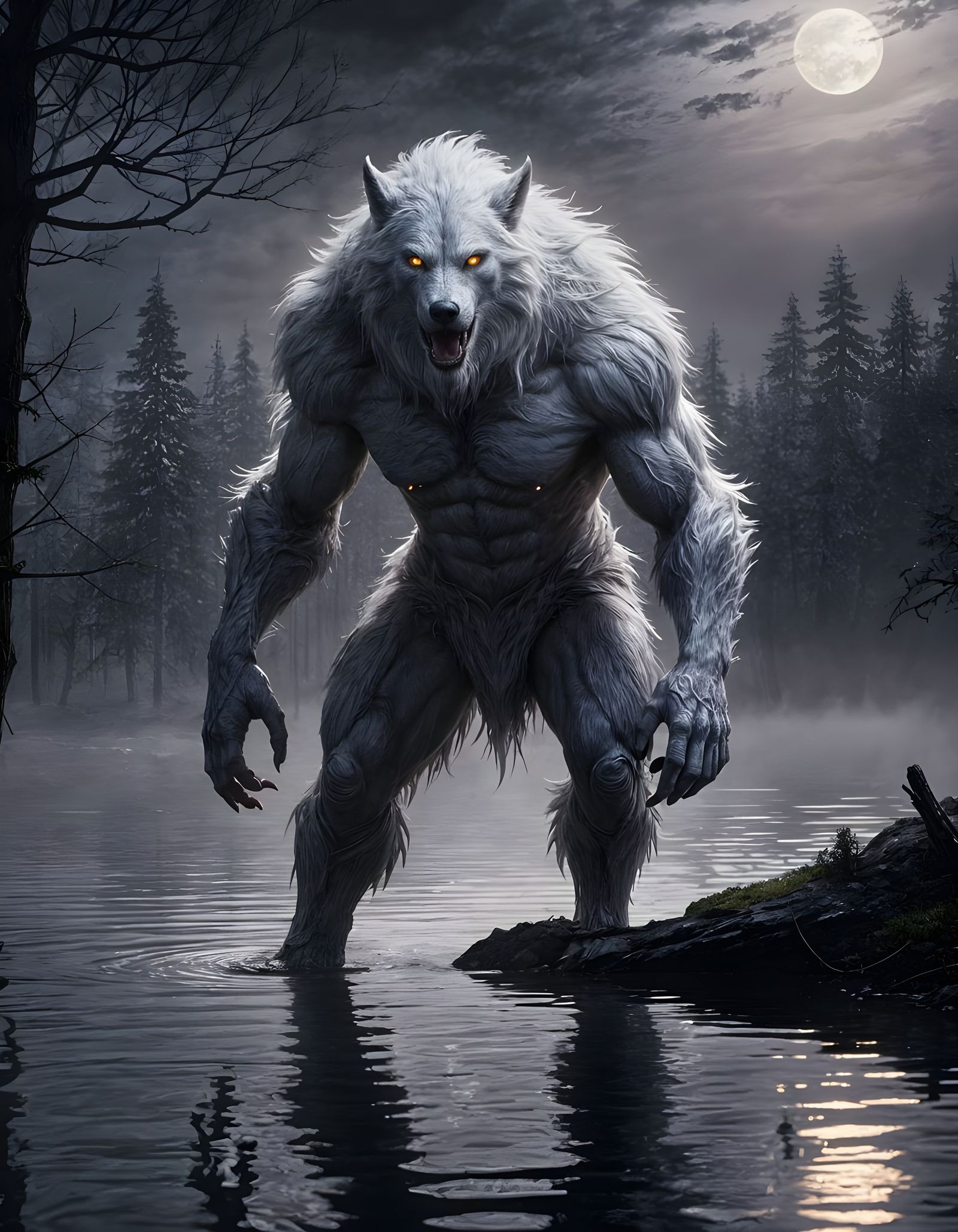Majestic White Werewolf by Lake: Dark Fantasy Art