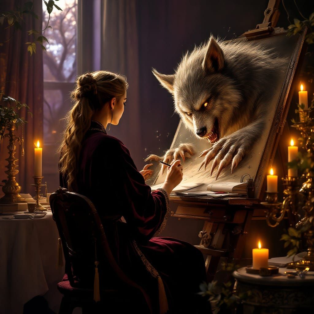 Werewolf Emerges from Canvas in Alphonse Mucha Style