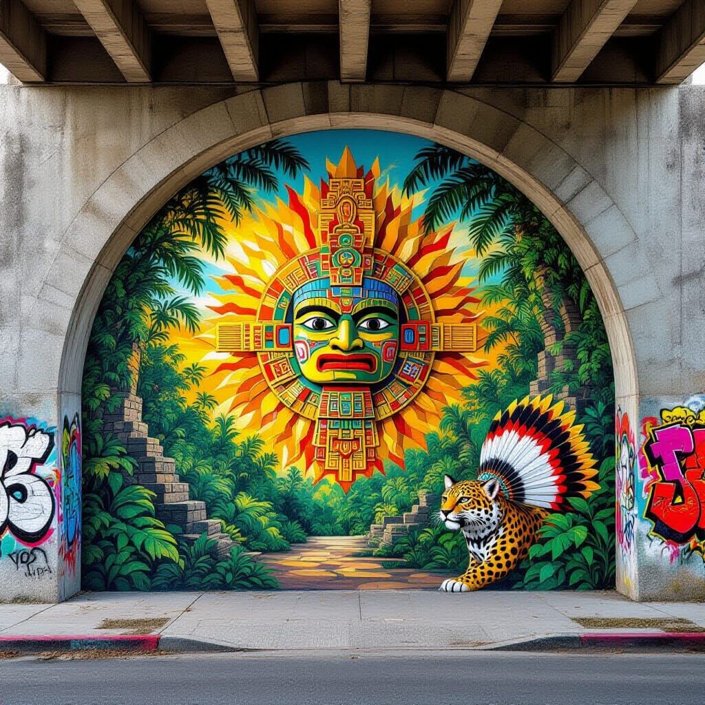 Aztec Mural Under Concrete Arch in Street Art Style