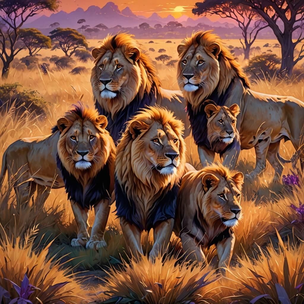 Lions Roaming Savanna in Golden Sunset Light