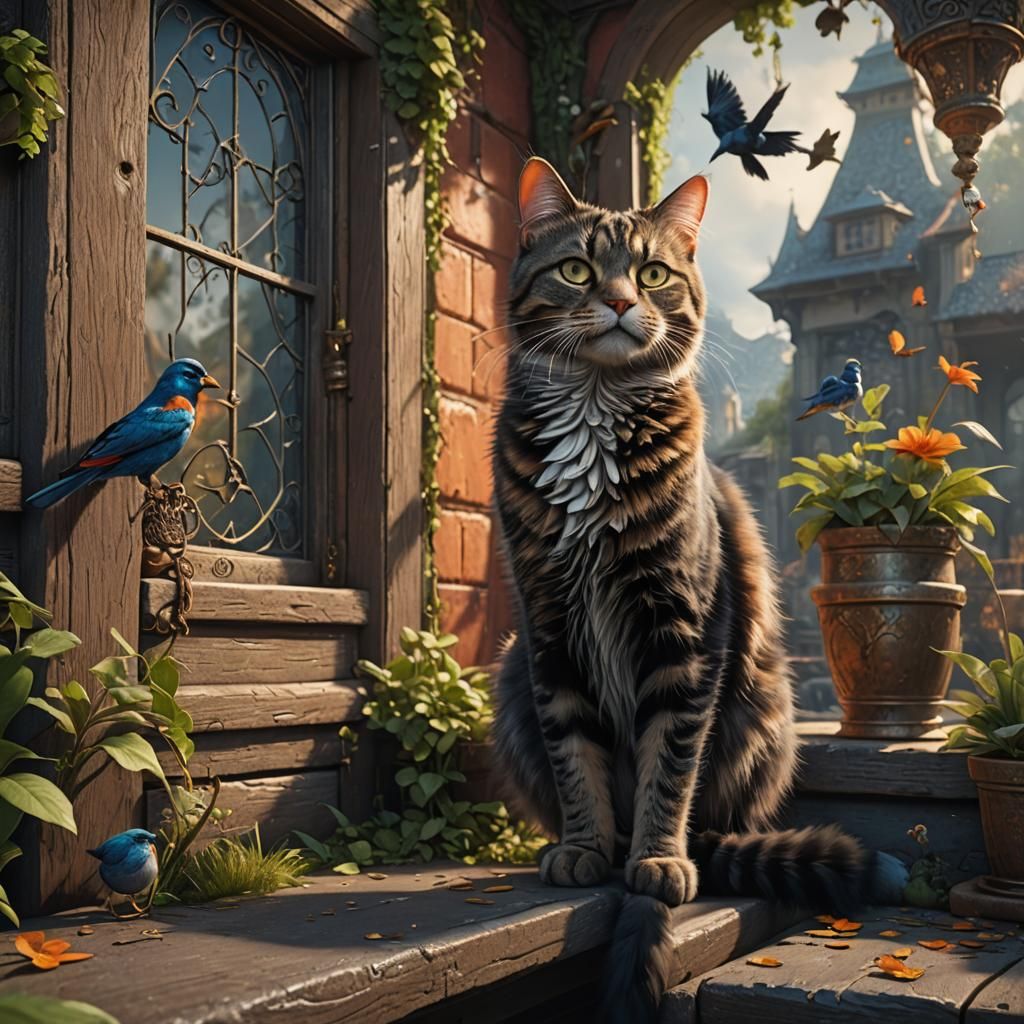 Cat's Outdoor Longing: Detailed Matte Painting