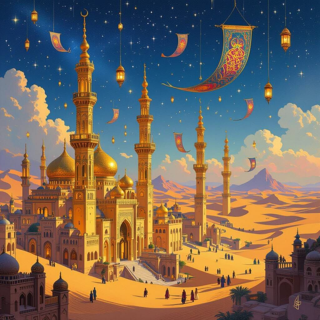 Arabian City with Flying Carpets Under Starry Sky