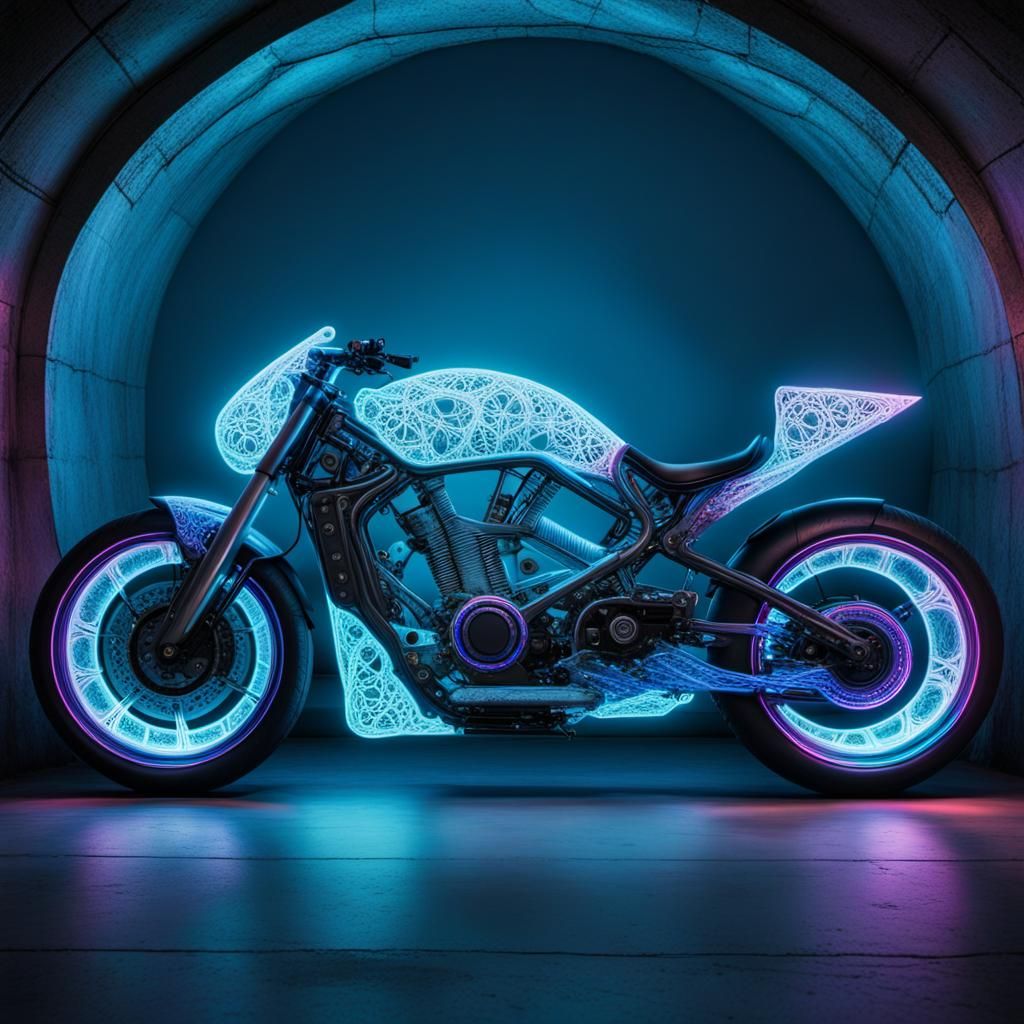 a very futuristic motorcycle covered in ghostly lace Inside a tunnel, Glowing florescent tubes with a blue gradient ill...
