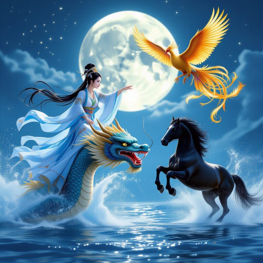 Mythological Water Spirit Riding a Dragon