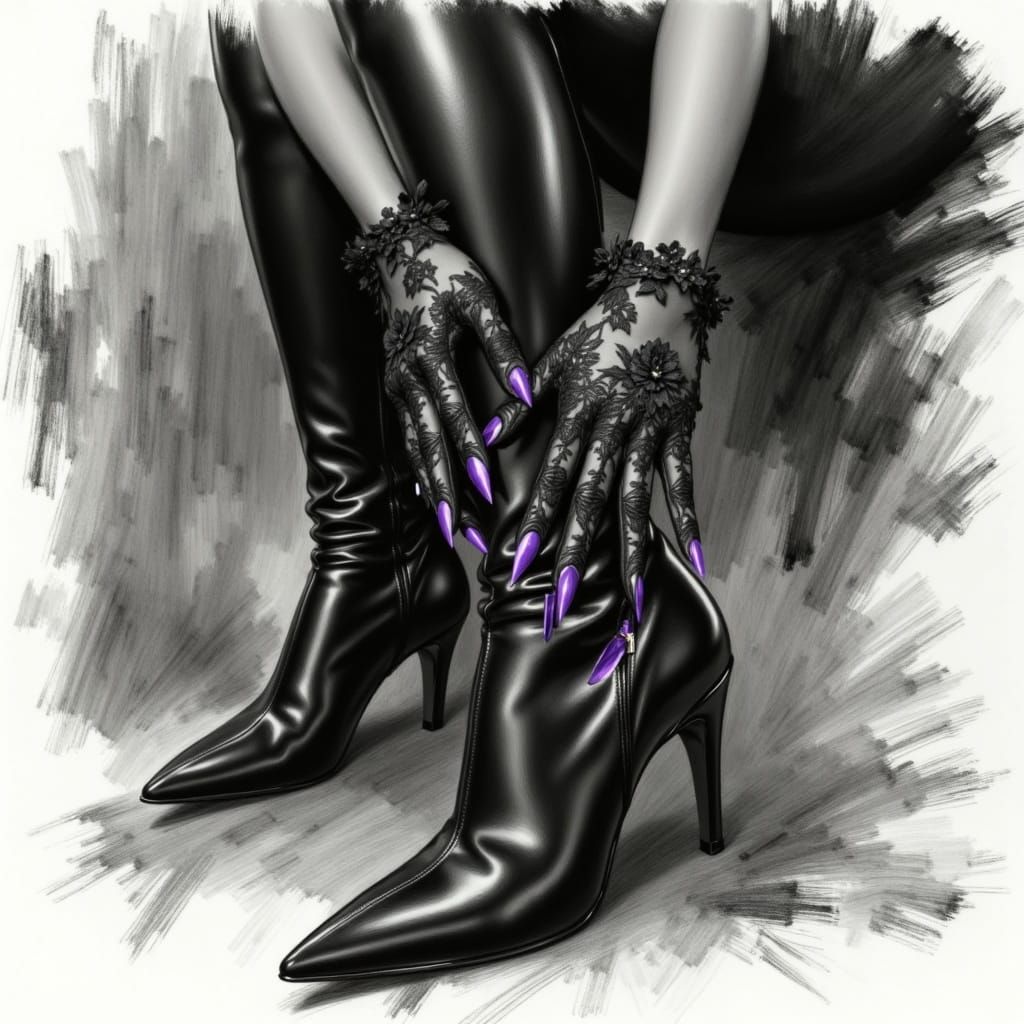 Gothic Elegance: Woman in Violet Glowing Leather Boot