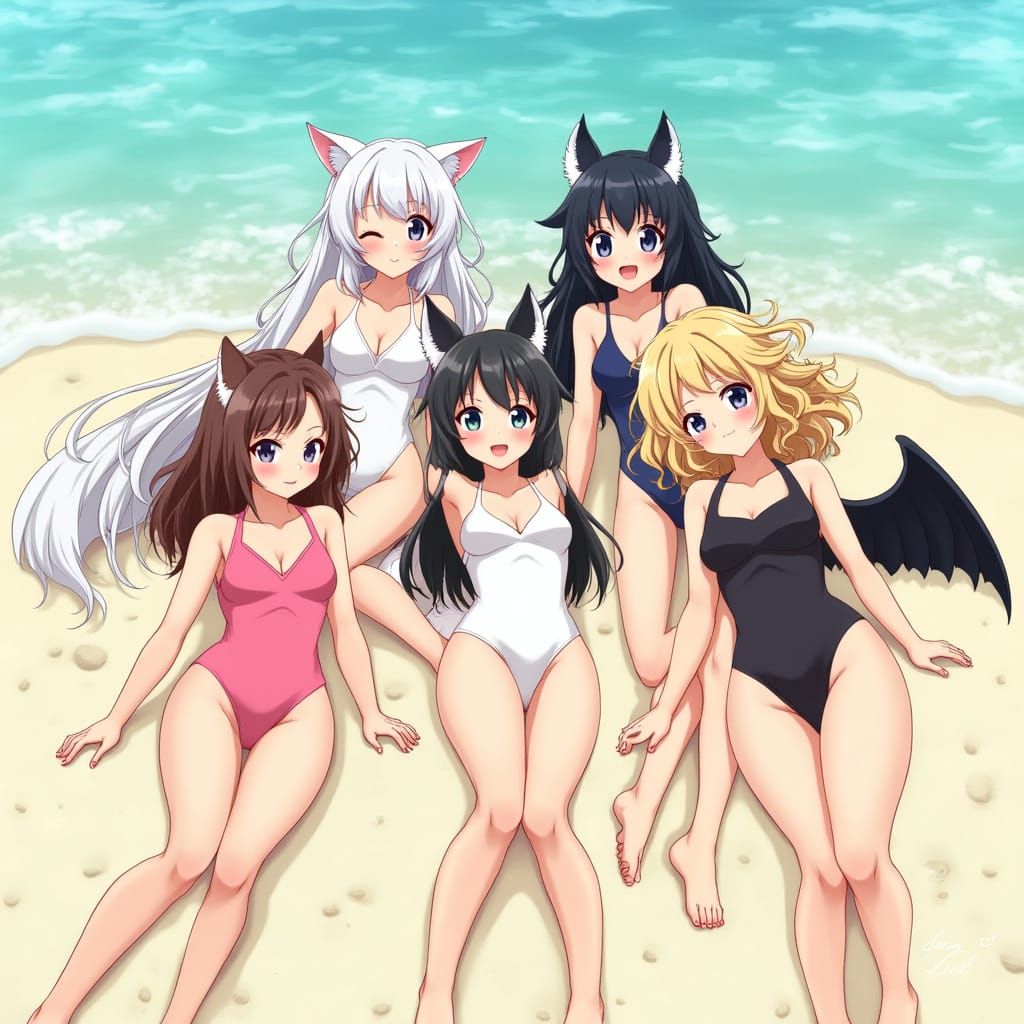 Anime Girls on Beach in Studio Trigger Style