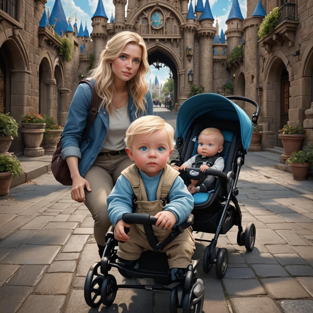 Blond Family in Disney Stroller, Detailed Digital Art