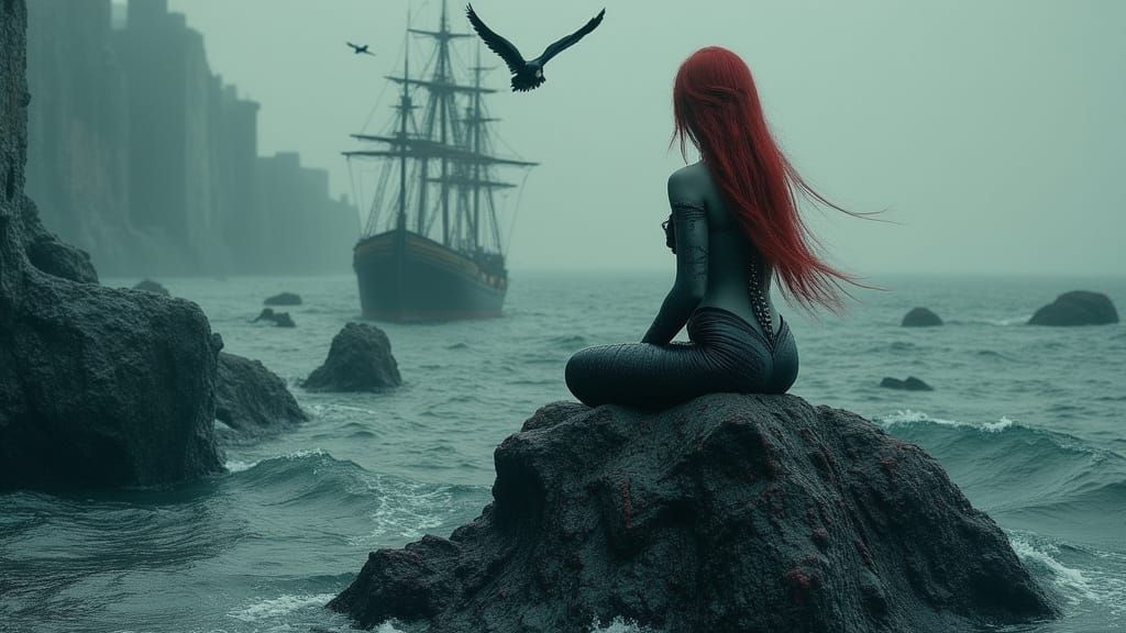 Gothic Mermaid in Stormy Sea, Dark Fantasy Art