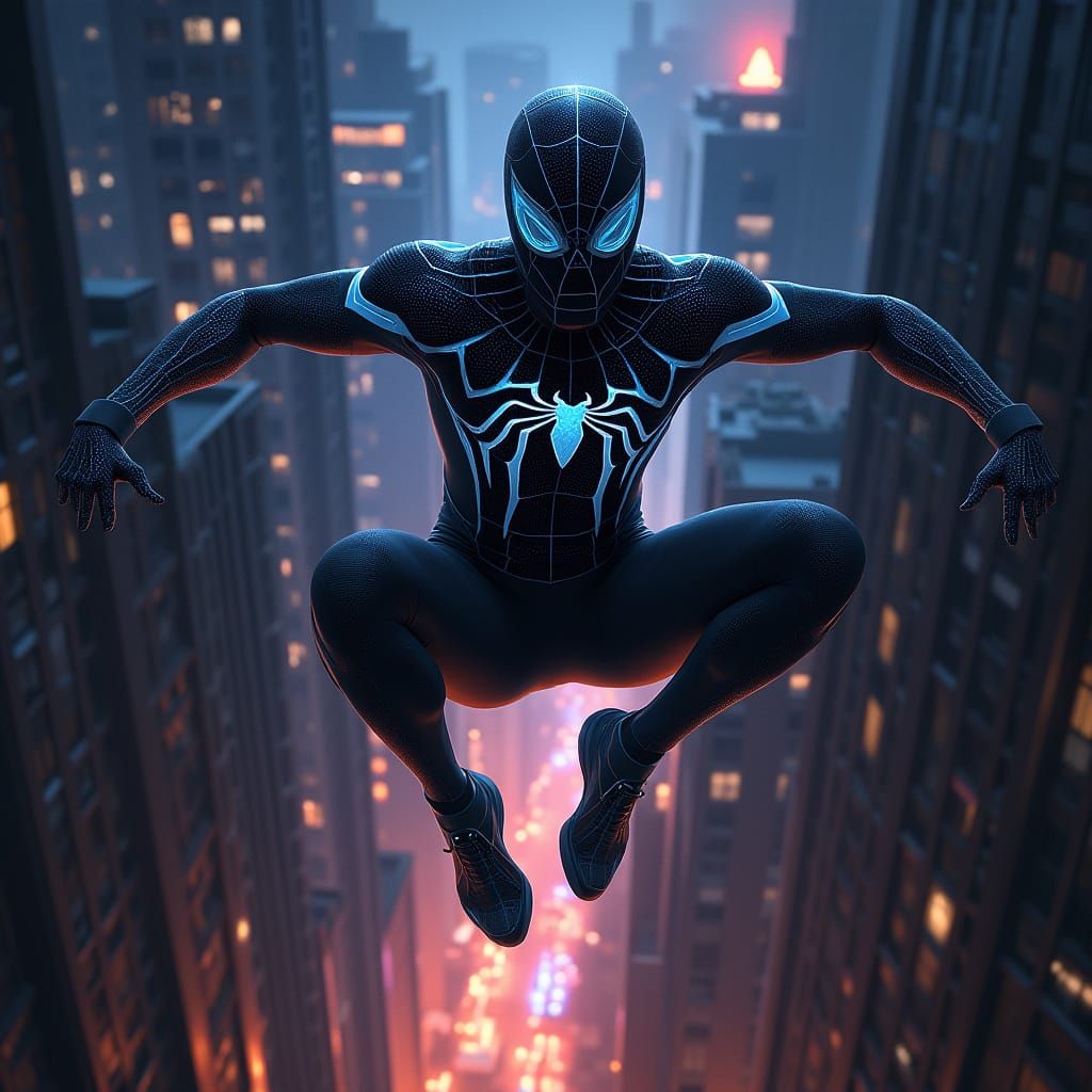 Spider-Man in Black Symbiote Suit Leaps Through Neon City