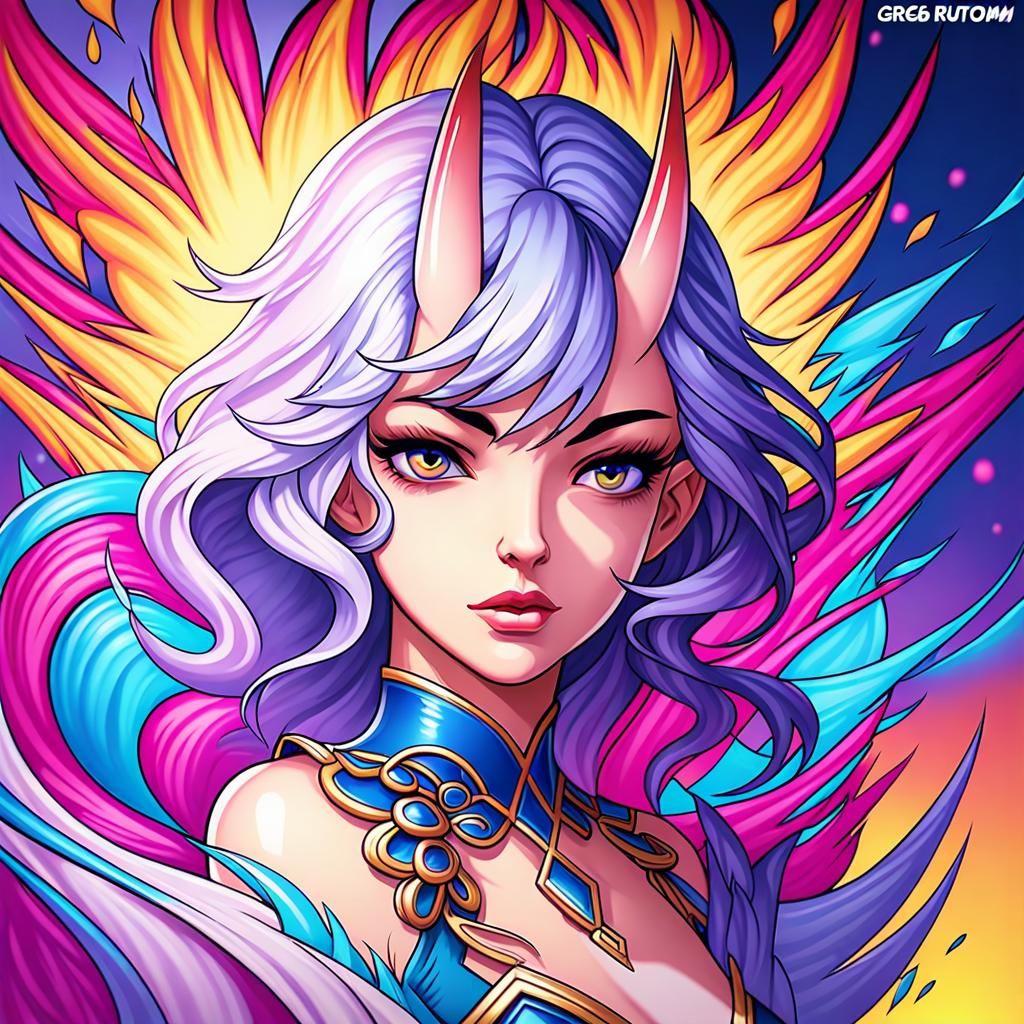 Detailed Portrait of a Female Oni in Art Nouveau Style