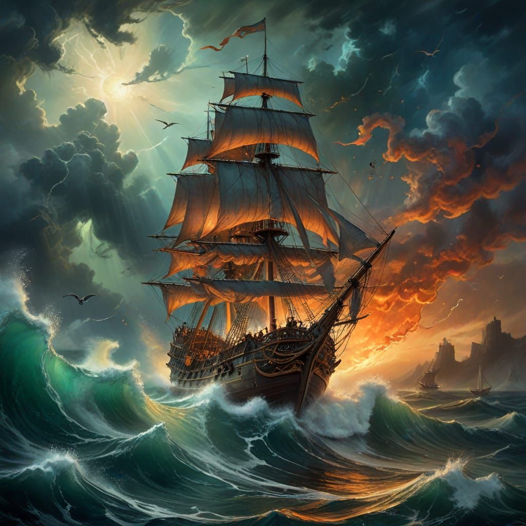 Turbulent Pirate Ship Scene in Whimsical Watercolor and Ink ...