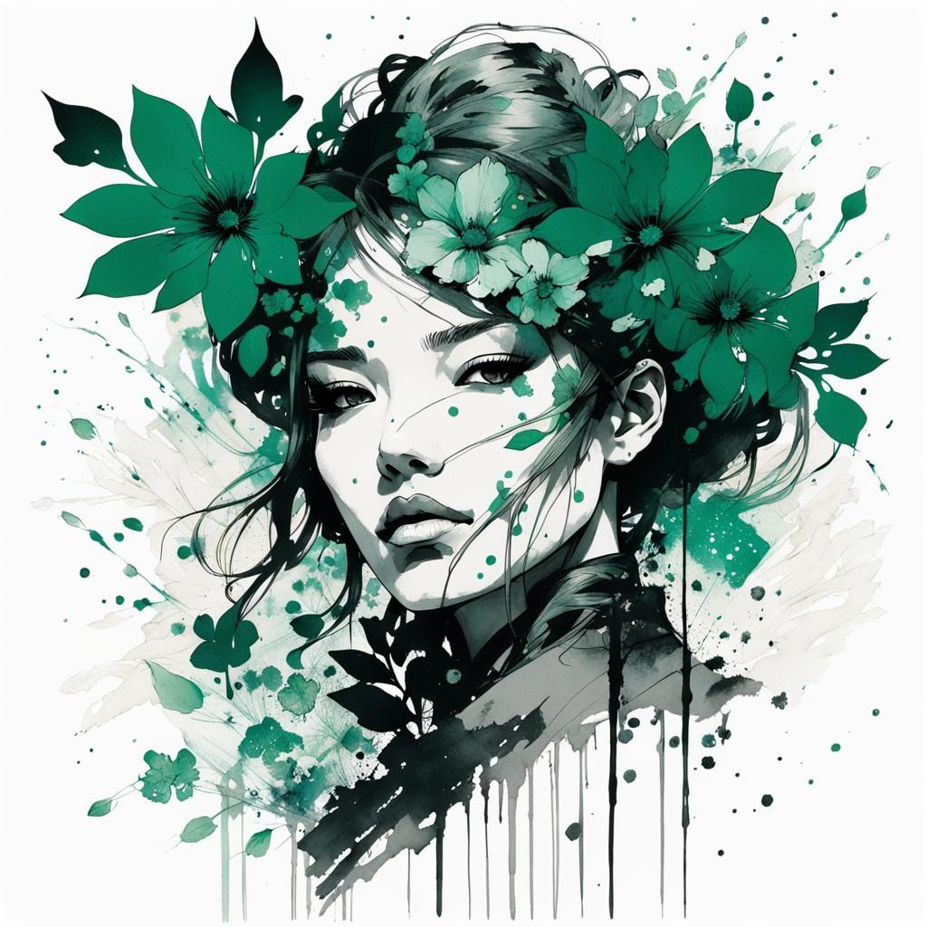 Botanical Portrait in Ink Wash Style