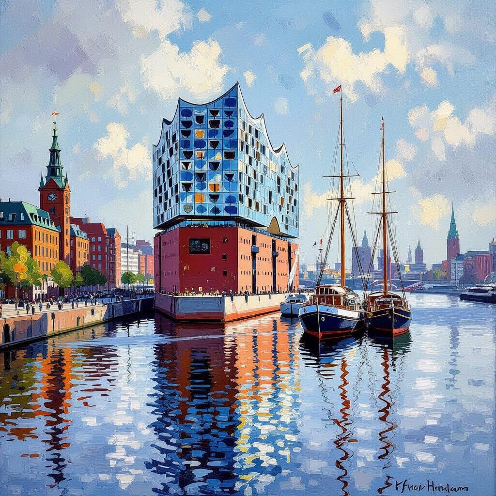 Hamburg Harbor with Elbphilharmonie in Impressionistic Style
