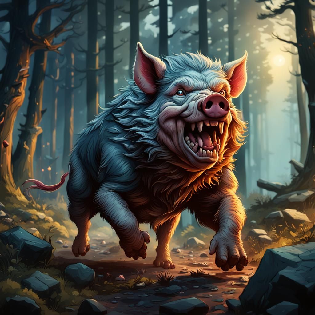 Cartoon Pig Slays Wolves in Children's Book Style