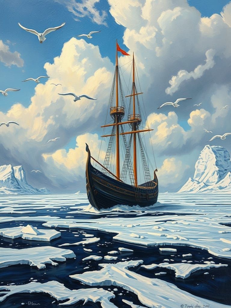 Viking Ship Majestically Anchored in Frozen Tundra