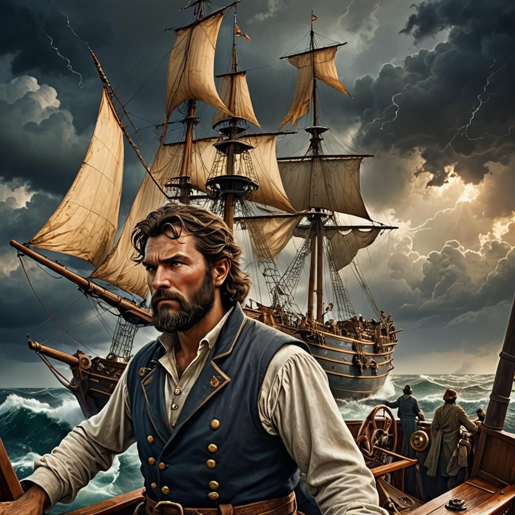 Fantasy Sea Captain Navigates Storm as Detailed Matte Painti...